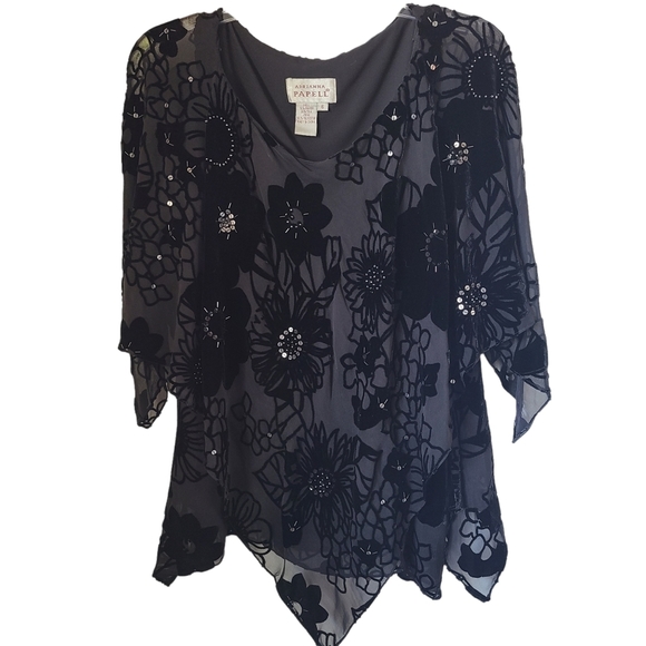 Adrianna Papell Beaded Shear Layered Top Velour Flowers Silk Blend - Picture 1 of 7